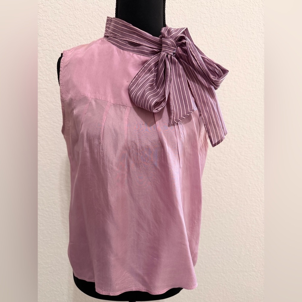 Tintoretto 100% Silk Lavender Blouse | Lace Trim Bow Tie Neck Top